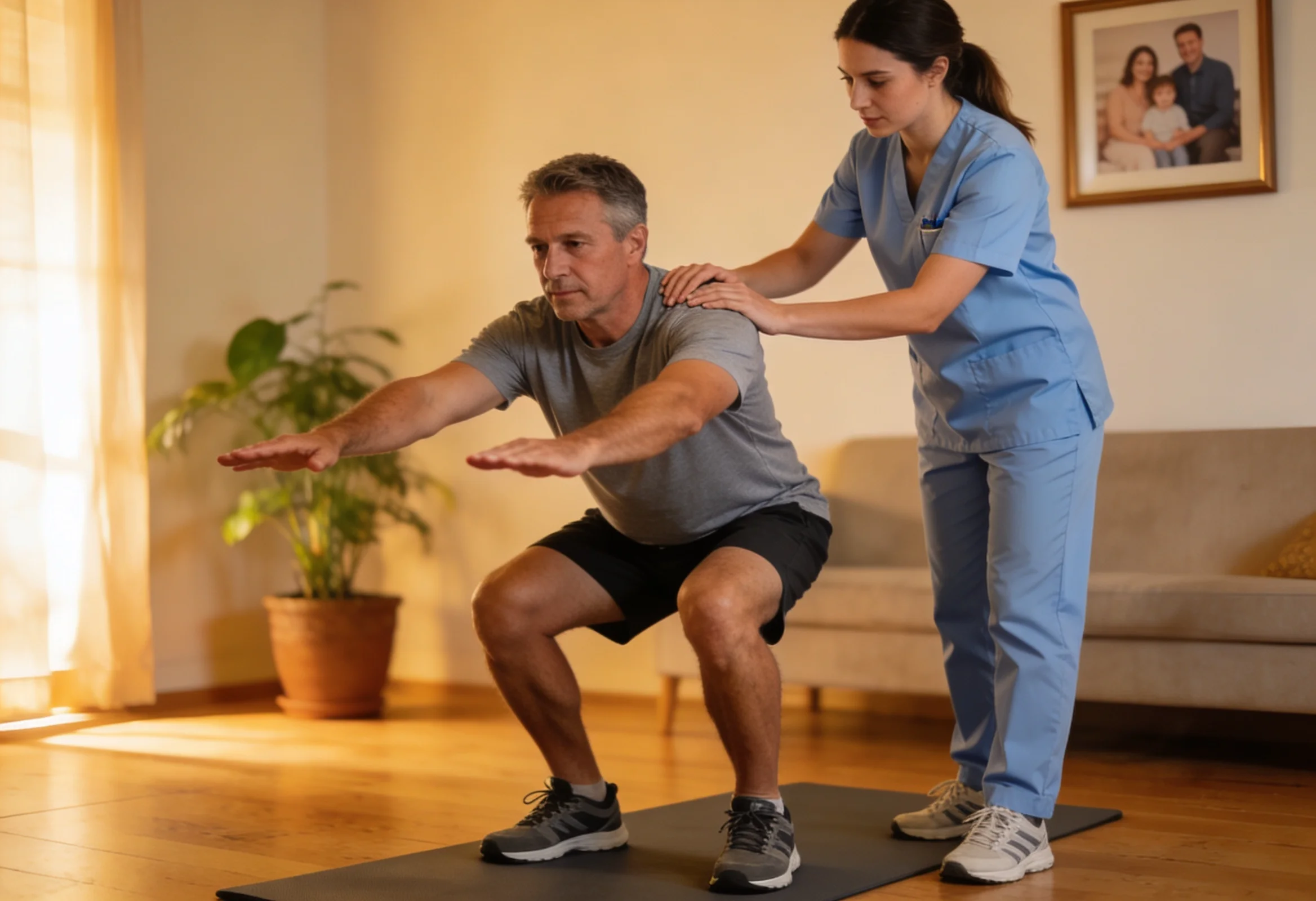 Fisioterapeuta trabajando el equilibrio con un paciente con enfermedades cerebelosa en neurorrehabilitación a domicilio en Málaga